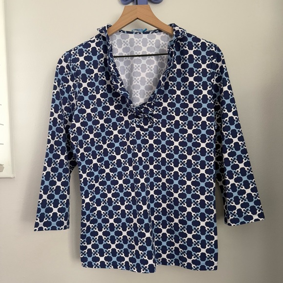 J. McLaughlin Tops - J.Mclaughlin XL Durham Blue Geometric Top Catalina Cloth Ruffle Neck Preppy